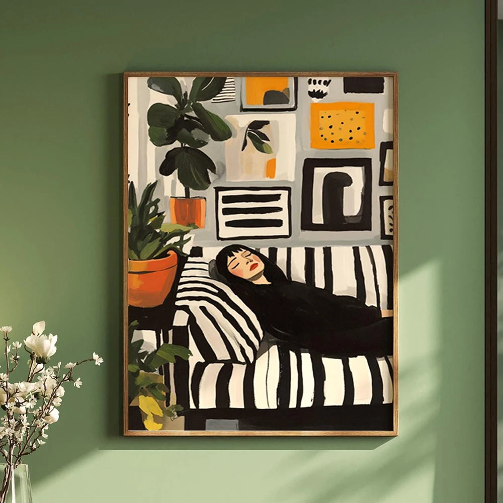 Quadro Decorativo Mulher Abstrata com Flores — Arte Minimalista Japandi para Sala
