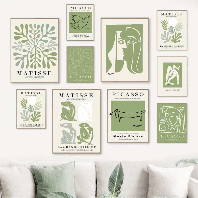 Quadro Decorativo Floral Abstrato Verde — Arte Minimalista Inspirada em Matisse e Picasso