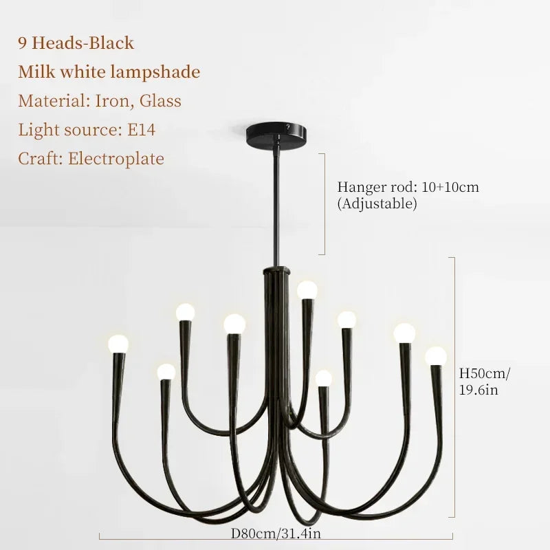 Lustre de Vela Pendente Preto Estilo Francês — Luminária de Luxo para Sala de Estar
