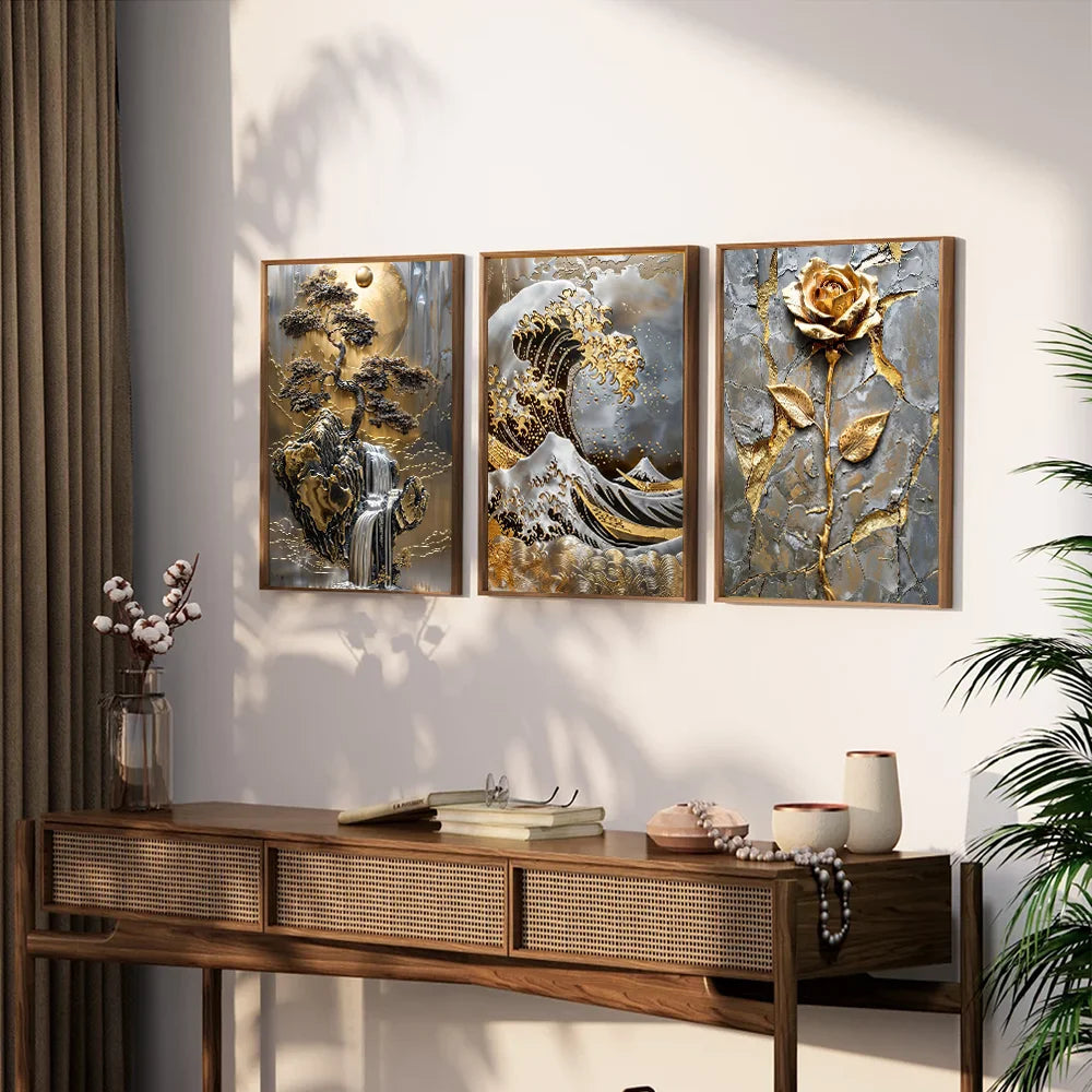 Quadro Decorativo Árvore Dourada e Lua — Arte Abstrata Zen