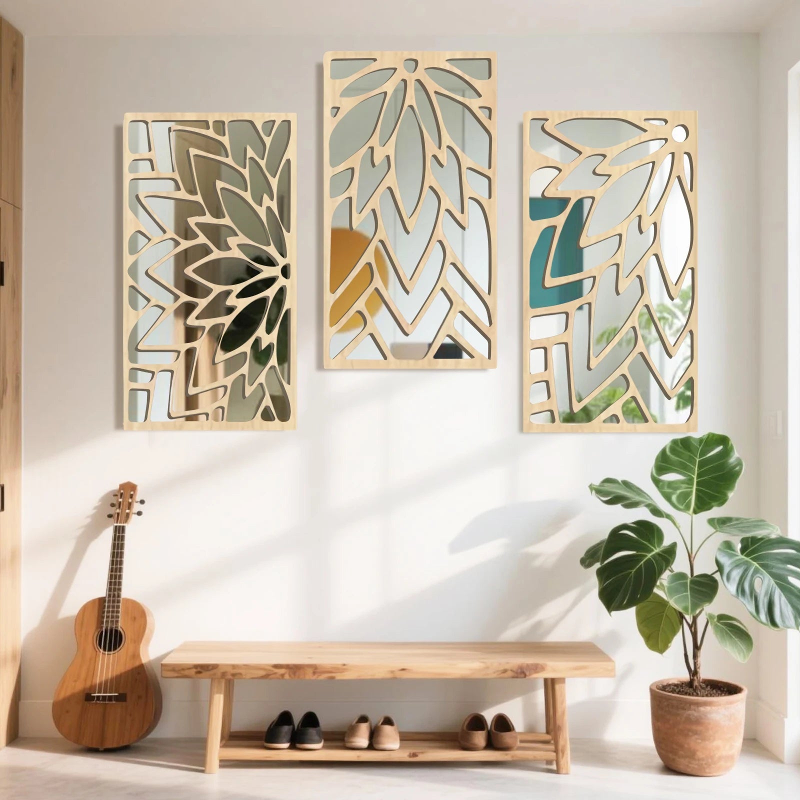 Espelho de Parede Dupla Camada Folha de Madeira 3 Peças — Decorativo 40cm para Sala