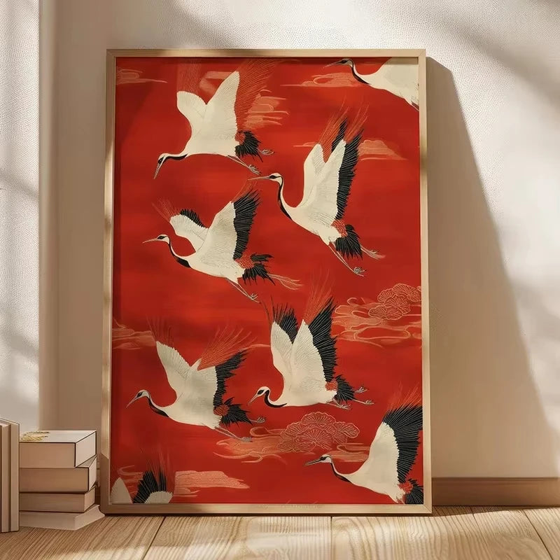 Quadro Decorativo Garça Oriental sem Moldura — Arte Zen para Sala e Quarto