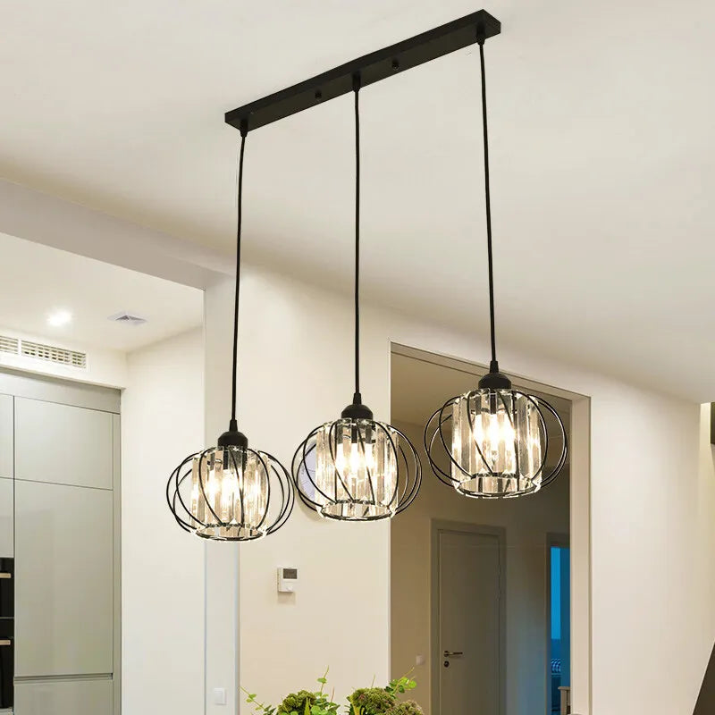 Lustre de Cristal LED Pendente — Luminária Nórdica Preta para Sala de Jantar