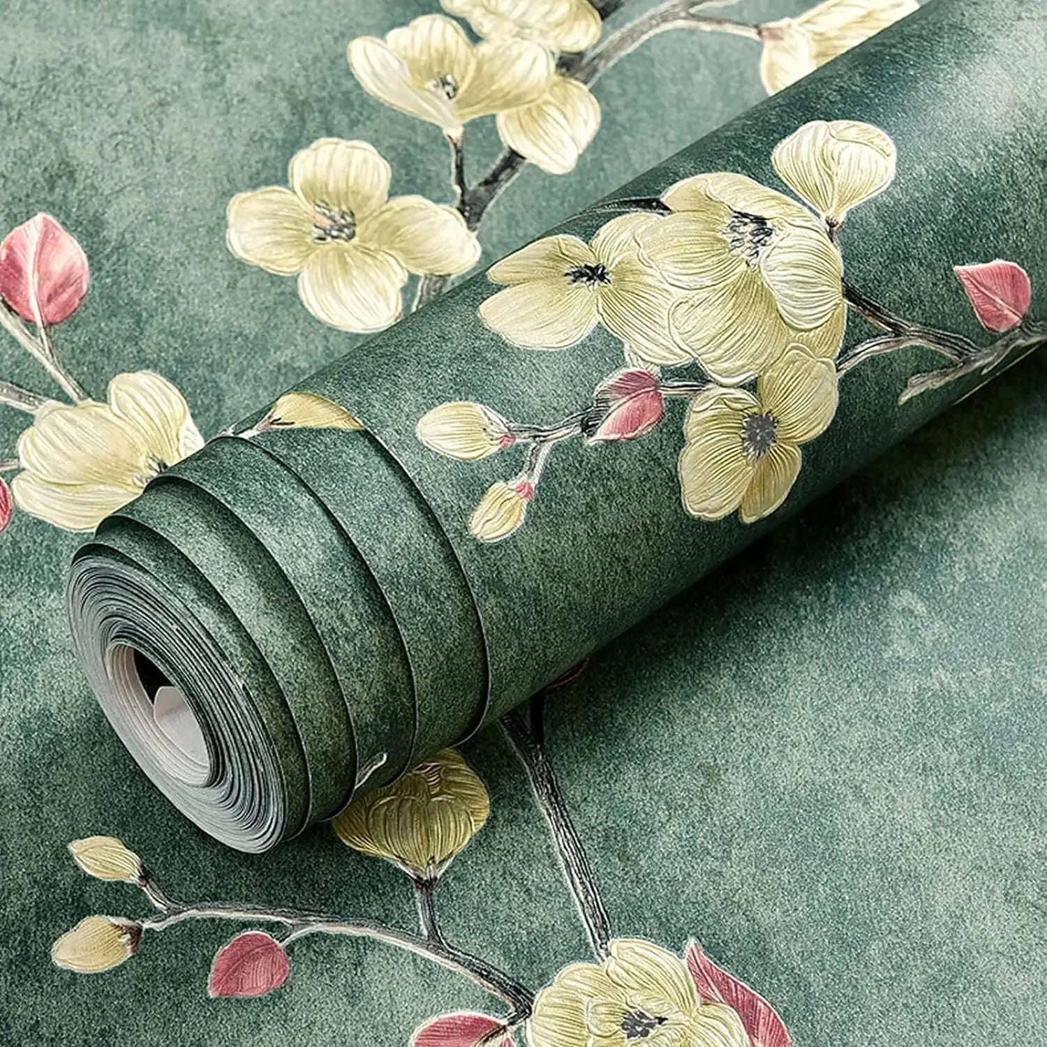 Papel de Parede Floral Verde Autocolante Removível — Impermeável para Quarto e Sala