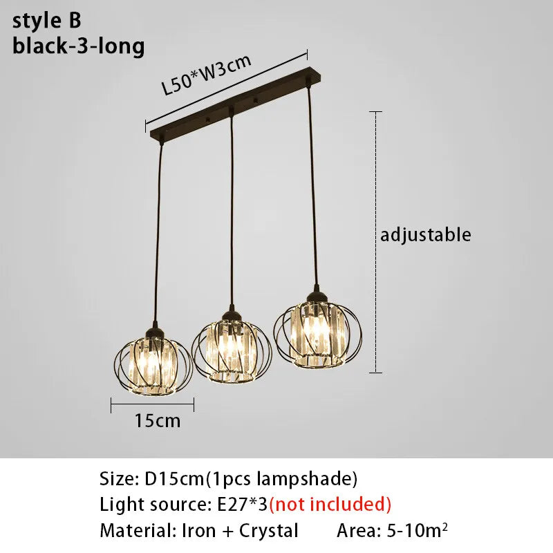 Lustre de Cristal LED Pendente — Luminária Nórdica Preta para Sala de Jantar