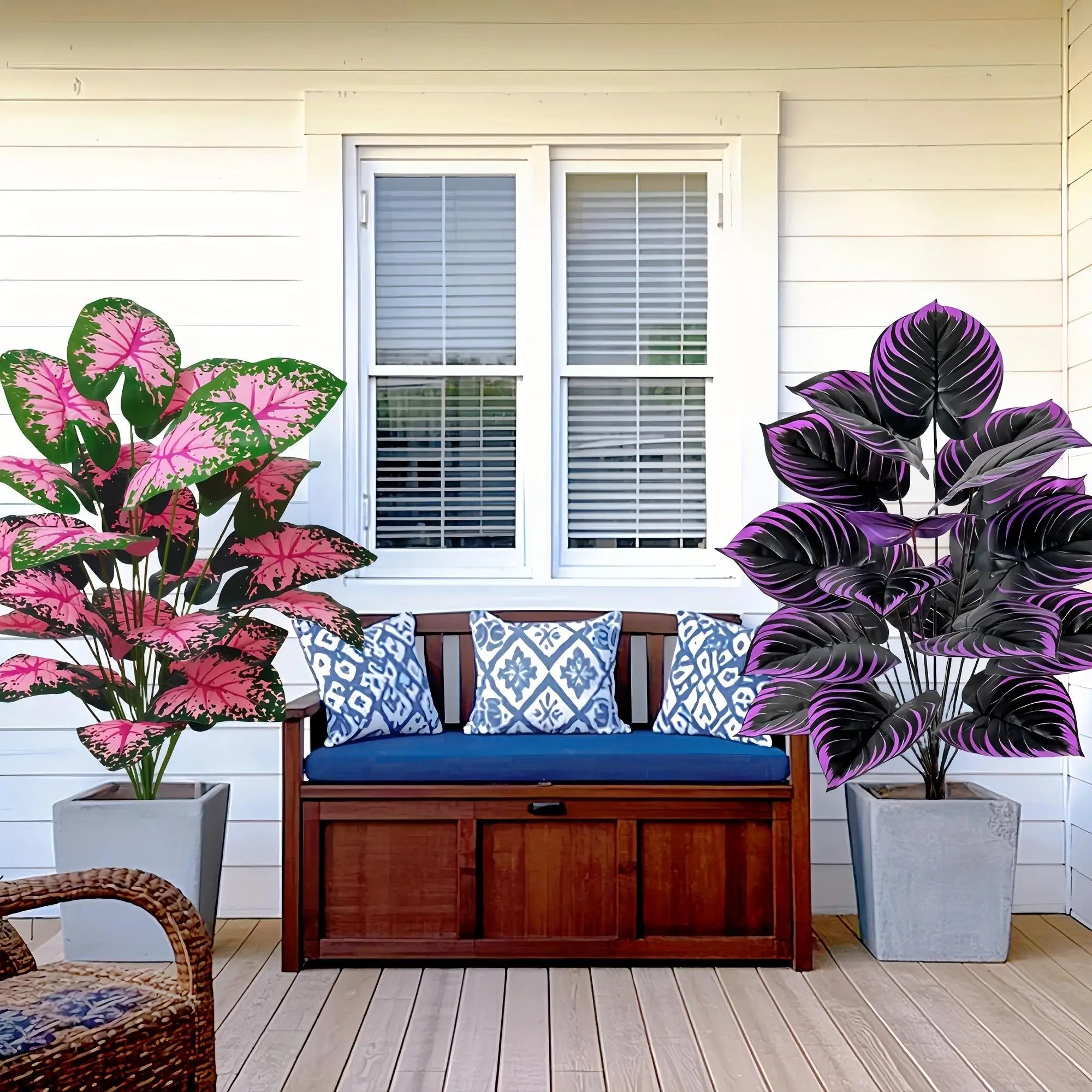 Plantas Artificiais Caladium Roxo e Rosa — Kit 2 Bonsai para Quarto e Escritório
