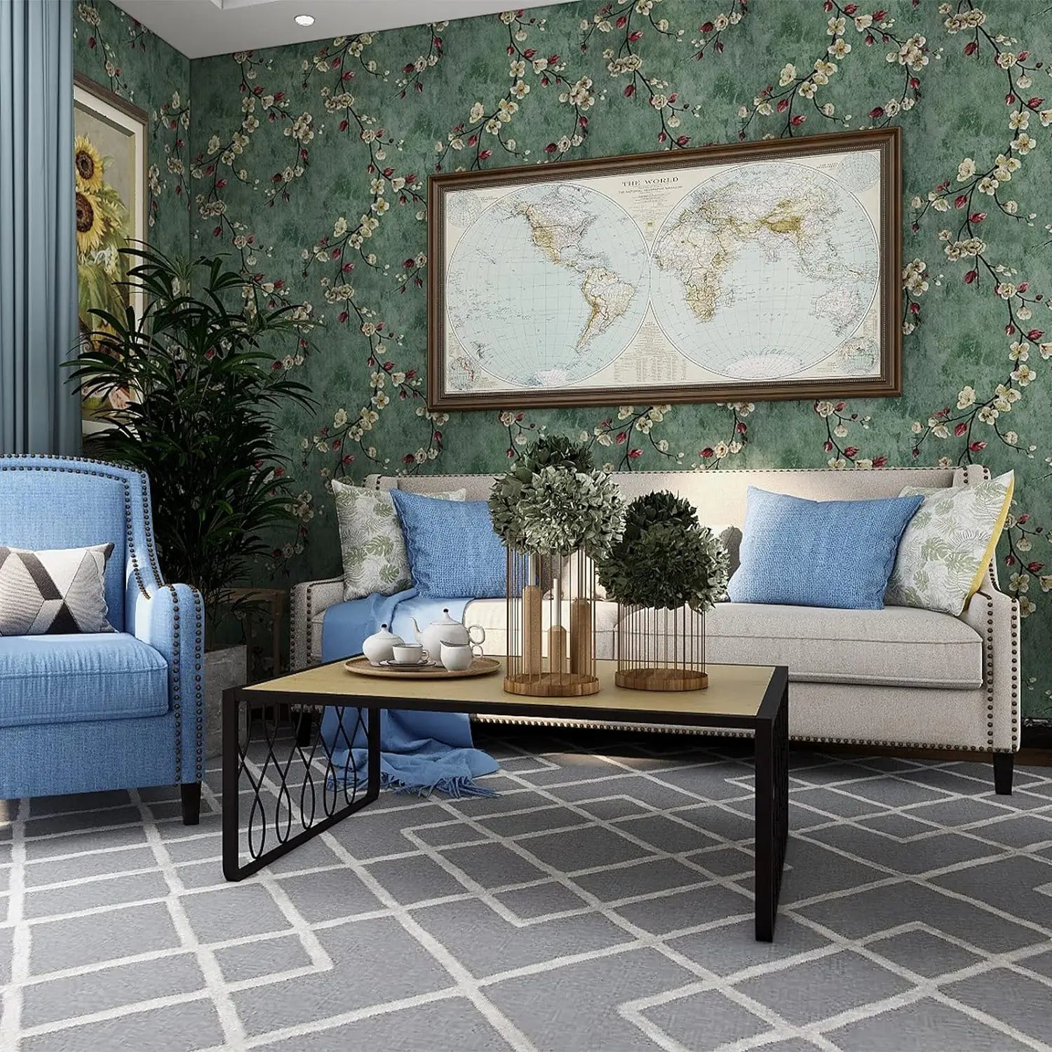 Papel de Parede Floral Verde Autocolante Removível — Impermeável para Quarto e Sala