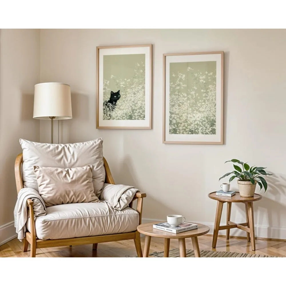 Kit 2 Quadros Gatos no Campo de Flores — Arte Verde Sage Primavera Boho para Sala