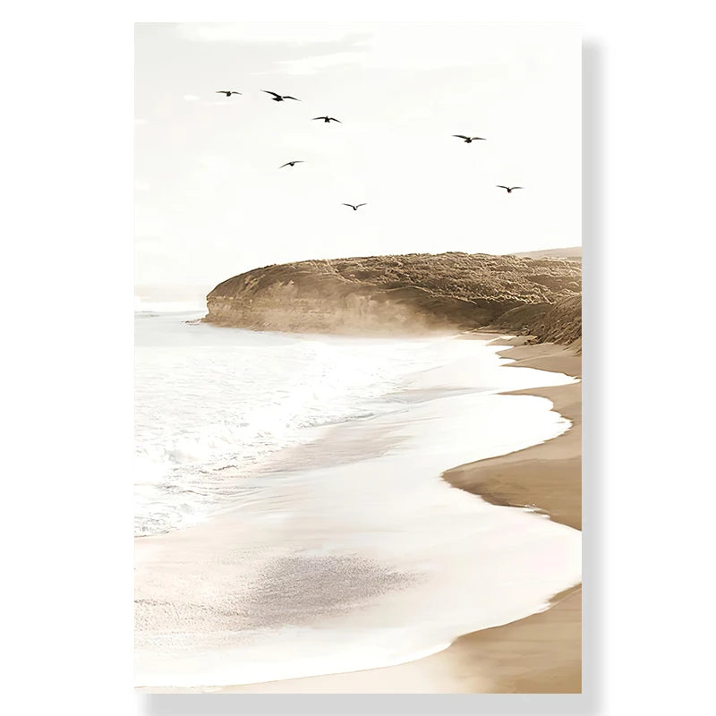 Quadro Decorativo Praia Dourada — Arte de Paisagem Nórdica Moderna para Sala