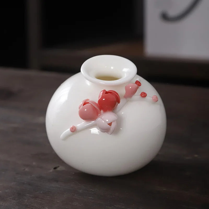 Vaso Decorativo de Cerâmica Pintado à Mão — Mini Vaso com Flores Secas para Mesa