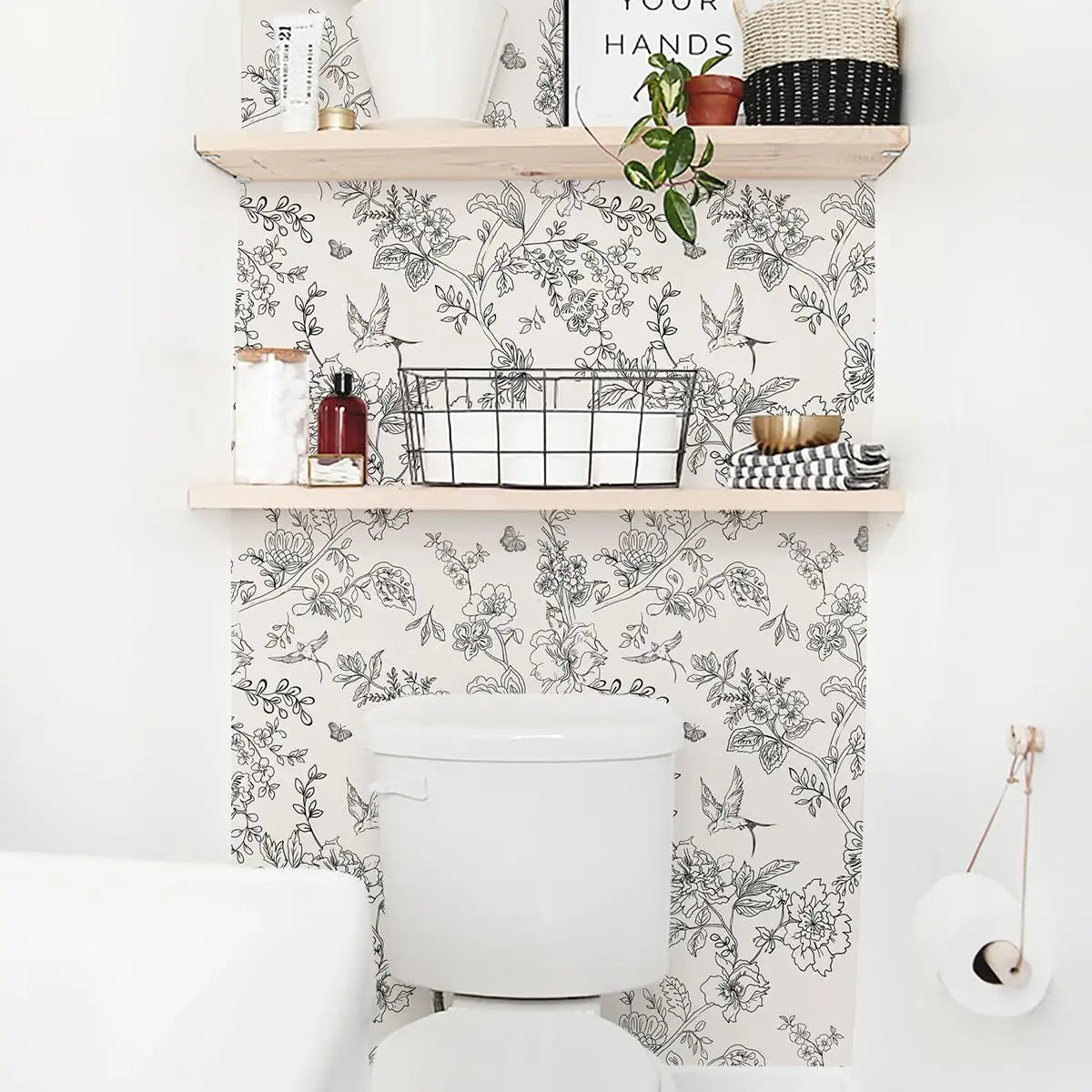 Papel de Parede Floral Preto e Branco com Pássaros — Autocolante Removível Elegante
