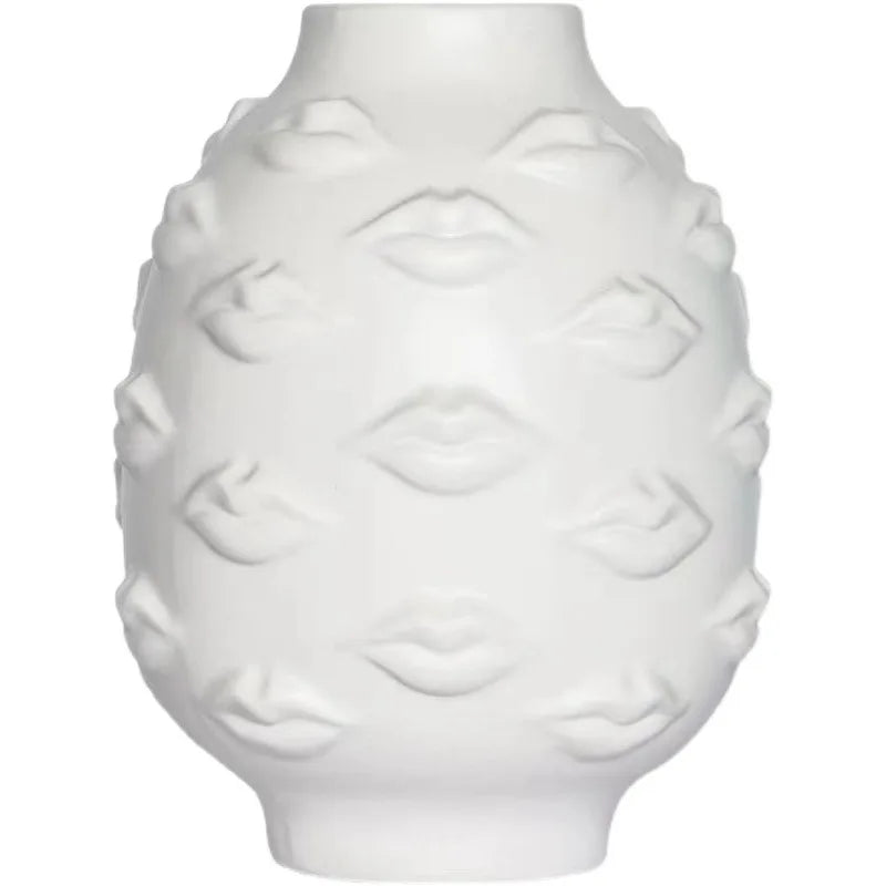 Vaso Cerâmica Lábios 3D — Branco Decorativo para Flores Secas e Arranjos Criativos