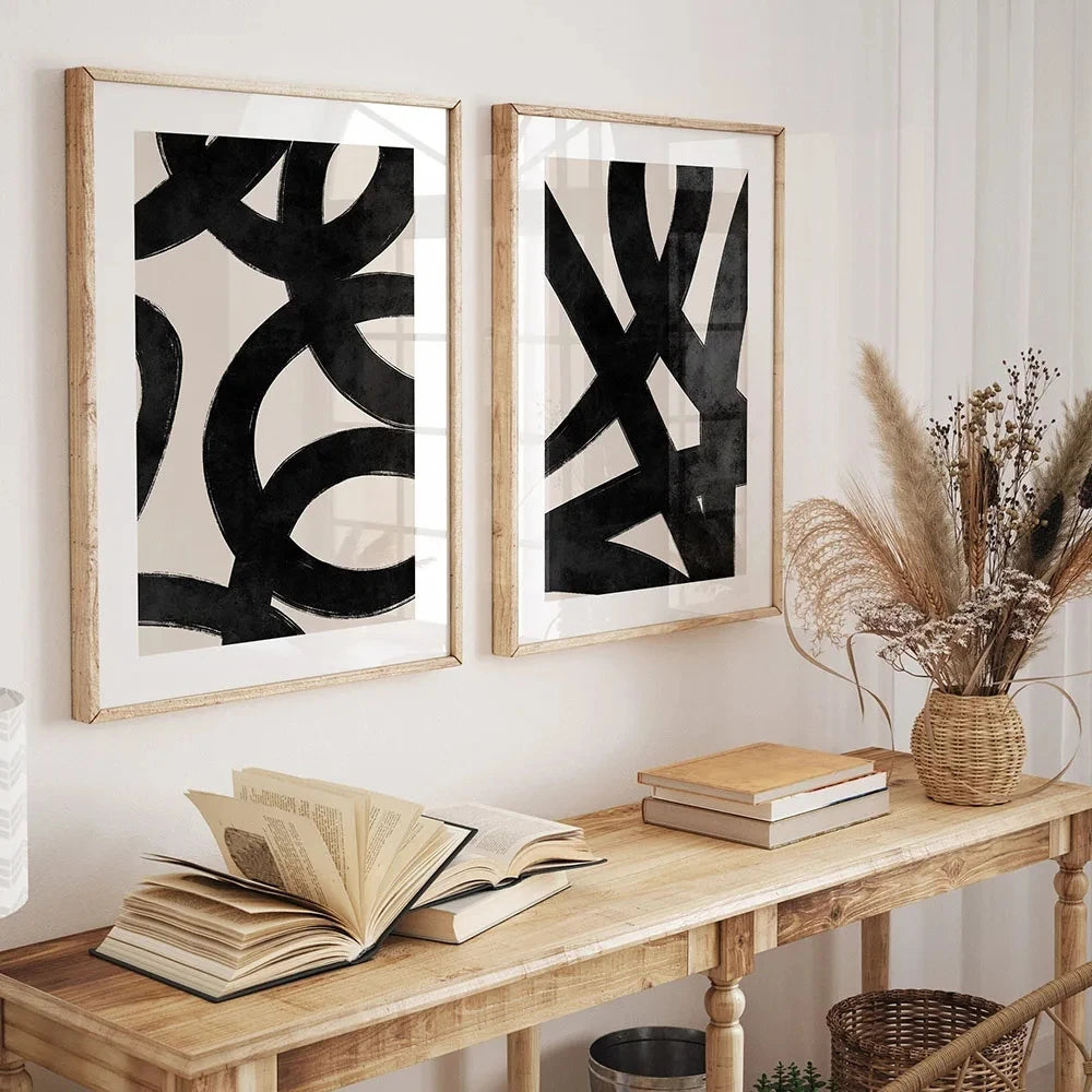 Quadro Decorativo Abstrato Linhas Bege e Preto — Arte Minimalista para Sala