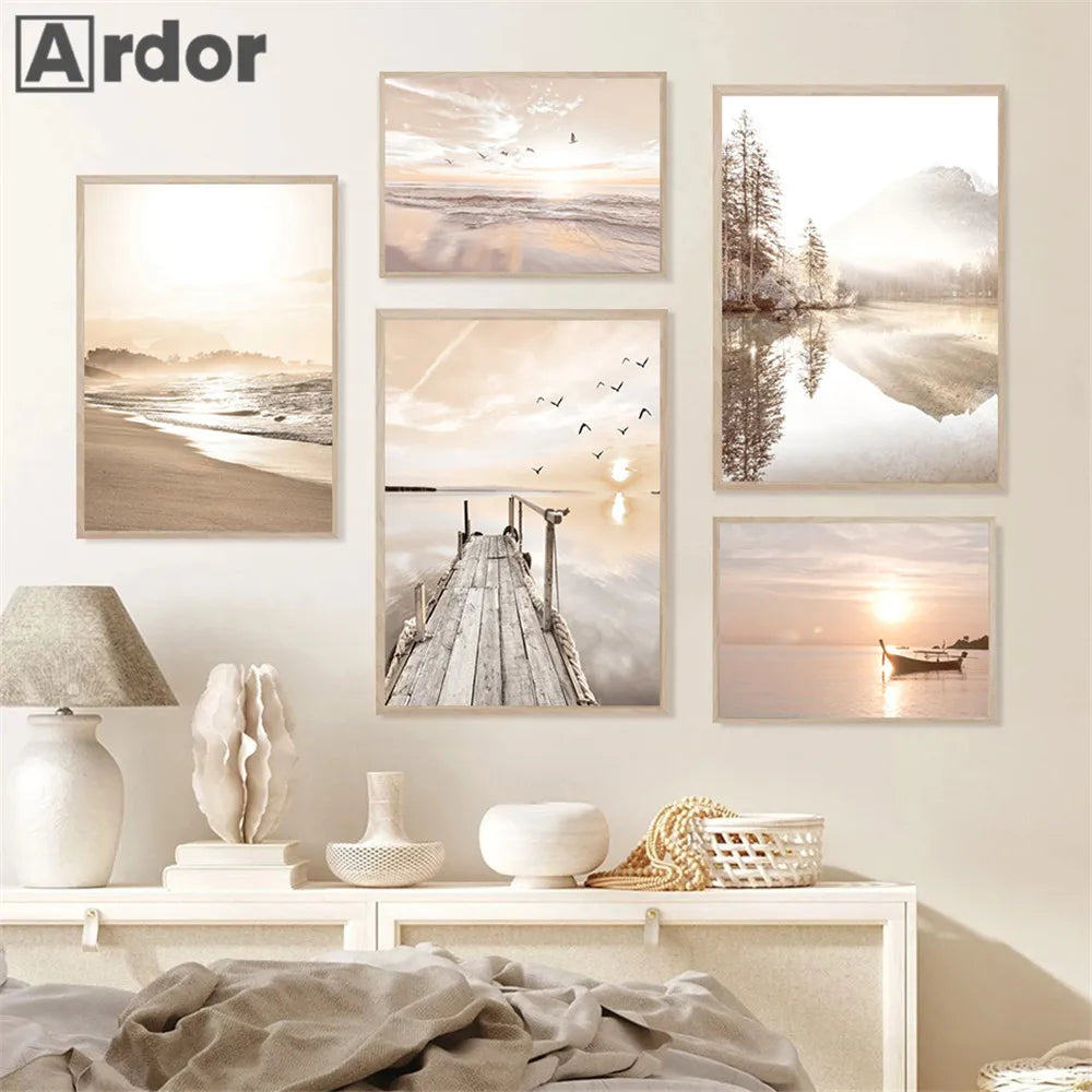 Quadro Decorativo Pôr do Sol Lago e Barco — Arte de Paisagem Nórdica para Sala