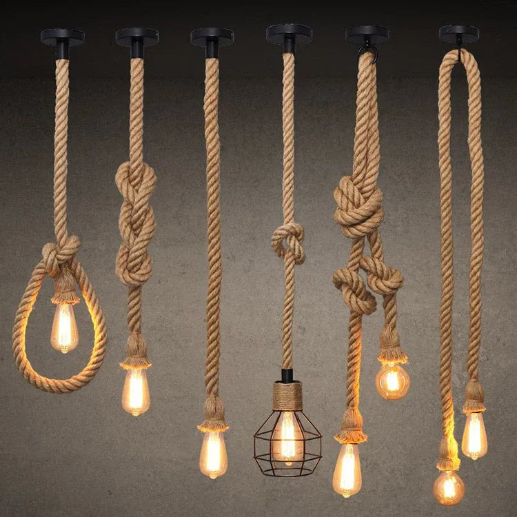 Pendente de Corda de Sisal Vintage Estilo Americano — Lustre Industrial Trançado para Bar e Sala