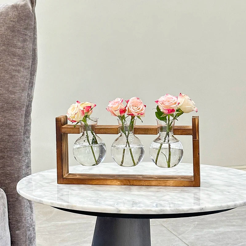 Vaso Hidropônico Formato Lampada com Base de Madeira — Decoração para Mesa e Escritório