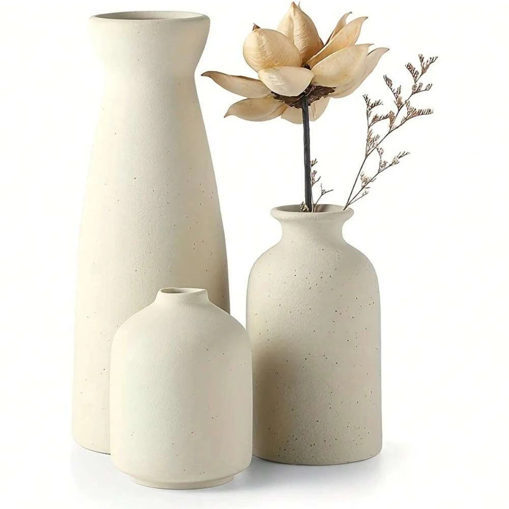 Kit 3 Vasos Cerâmica Boho Estilo Fazenda — Para Sala, Estante e Mesa de Jantar
