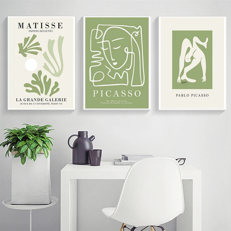 Quadro Decorativo Floral Abstrato Verde — Arte Minimalista Inspirada em Matisse e Picasso