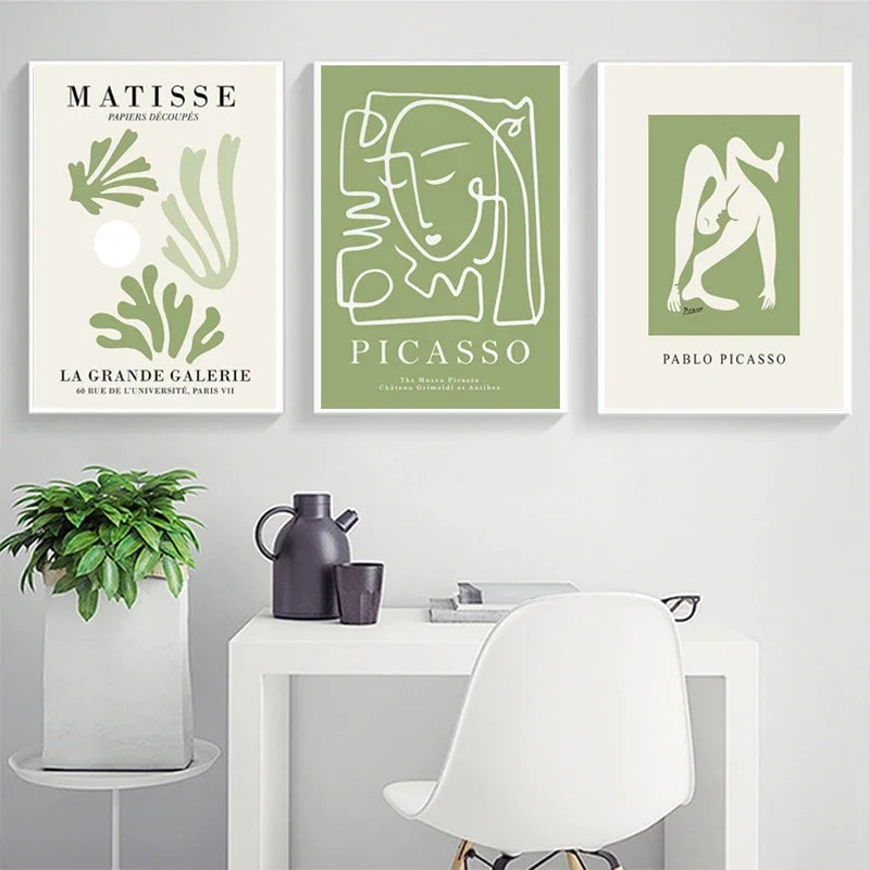 Quadro Decorativo Floral Abstrato Verde — Arte Minimalista Inspirada em Matisse e Picasso