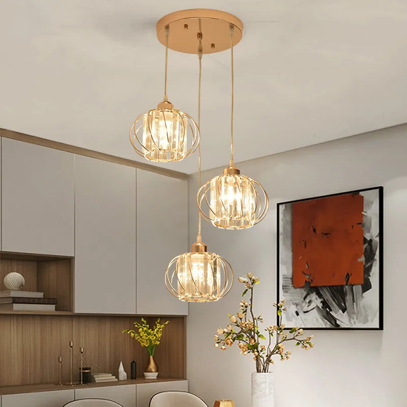 Lustre de Cristal LED Pendente — Luminária Nórdica Preta para Sala de Jantar