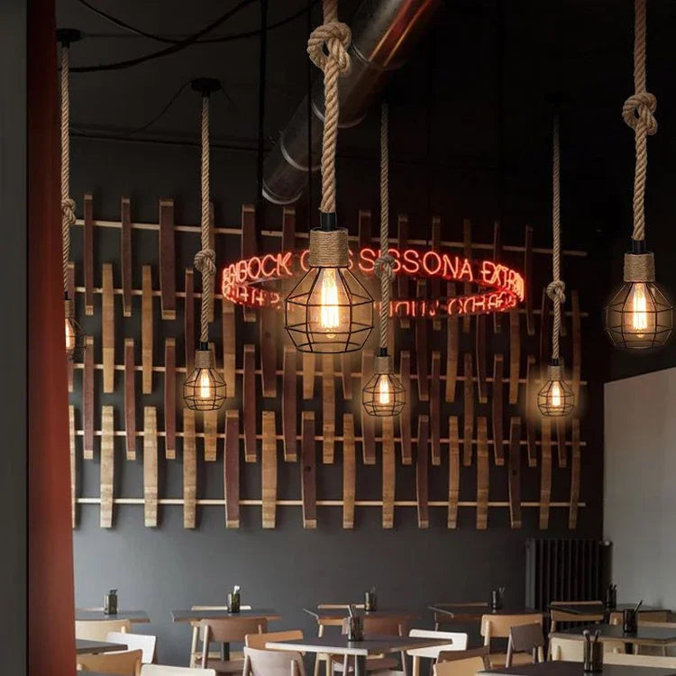 Pendente de Corda de Sisal Vintage Estilo Americano — Lustre Industrial Trançado para Bar e Sala