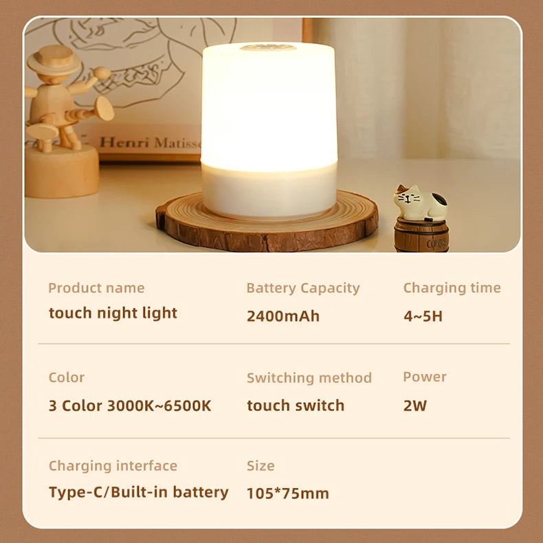 Luminária de Mesa Touch com Luz Noturna — 3 Modos Reguláveis e Recarregável para Quarto