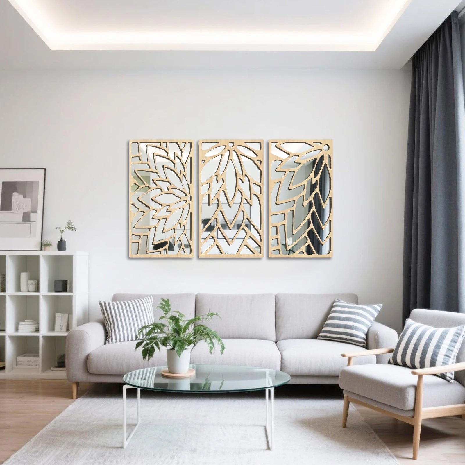 Espelho de Parede Dupla Camada Folha de Madeira 3 Peças — Decorativo 40cm para Sala