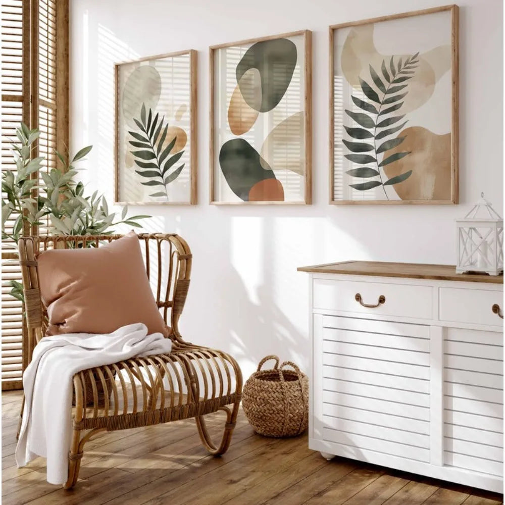 Kit 3 Quadros Bohemian Plants — Arte Abstrata Bege Neutro Minimalista Sem Moldura