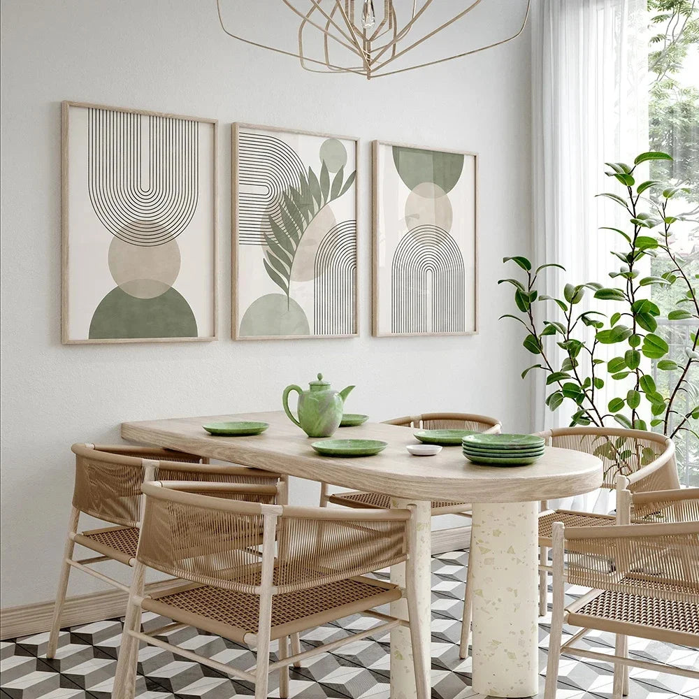 Quadro Decorativo Botânico Verde Sage Nórdico — Arte Boho Geométrica para Sala