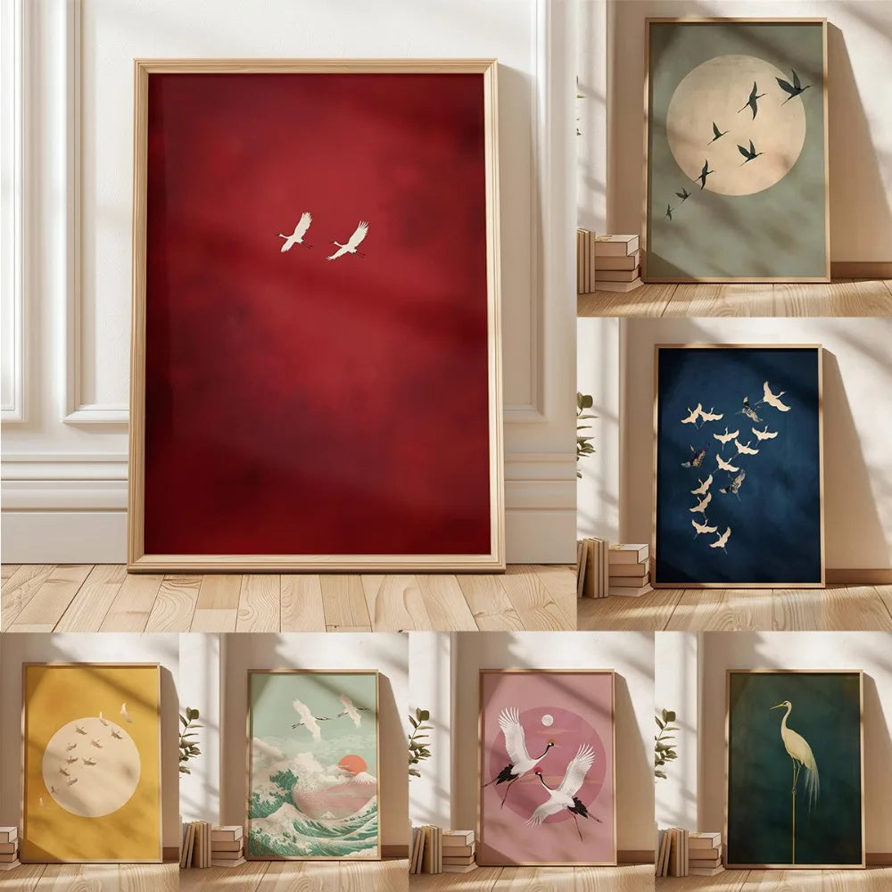 Quadro Decorativo Garça Oriental sem Moldura — Arte Zen para Sala e Quarto