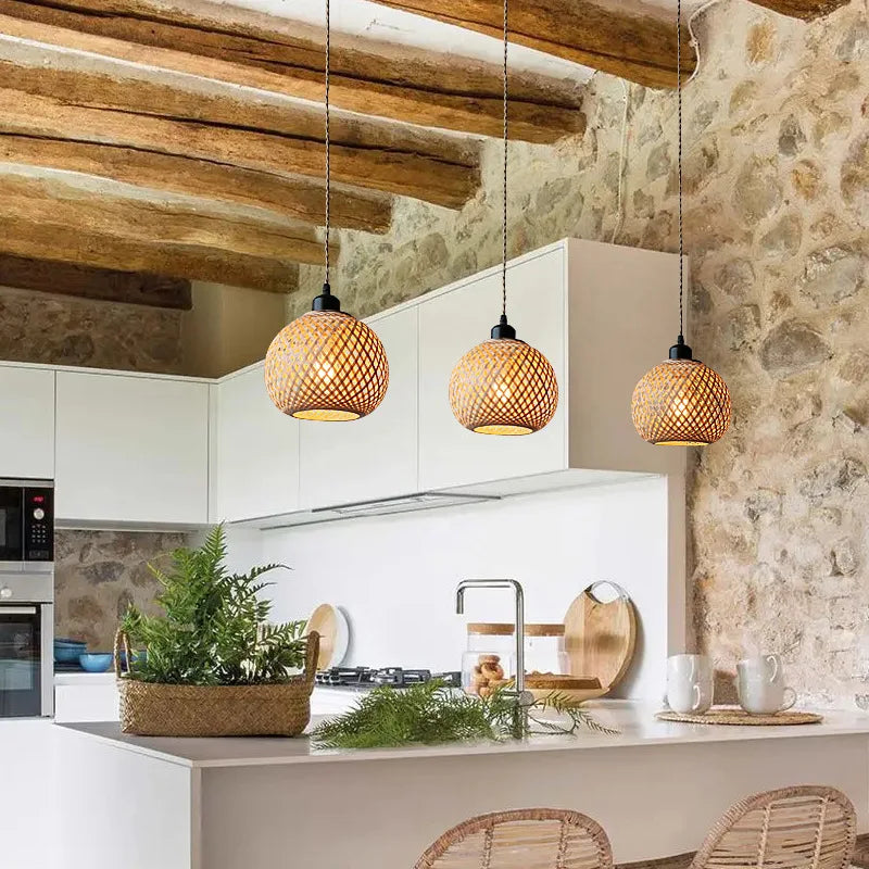Pendente Bambu Rattan Natural — Luminaria Suspensa Artesanal