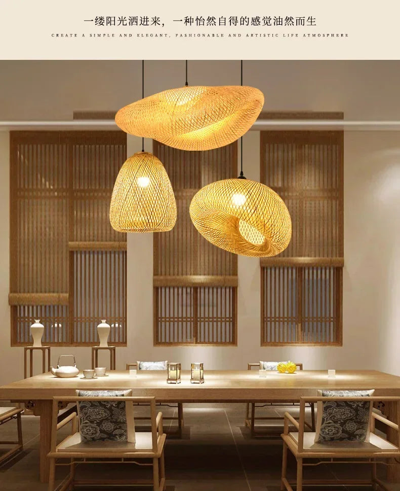 Pendente de Bambu Tecido a Mao — Luminaria Artesanal Boho