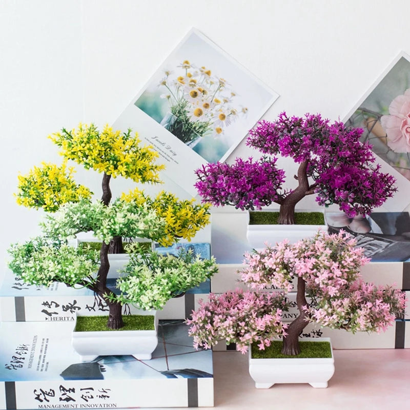 Bonsai Artificial com Vaso e Flores — Mini Árvore Decorativa para Mesa e Escritório