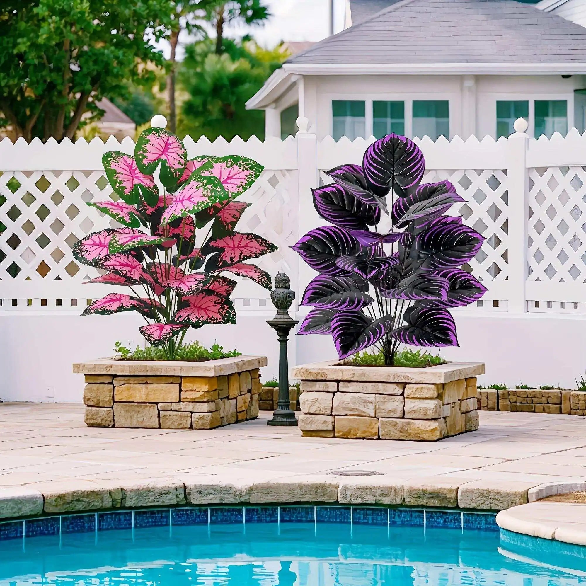 Plantas Artificiais Caladium Roxo e Rosa — Kit 2 Bonsai para Quarto e Escritório