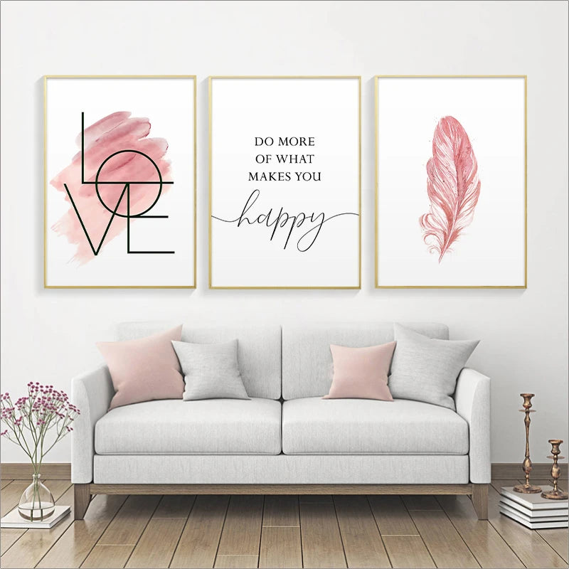 Quadro Decorativo Pena Rosa com Frase Inspiradora — Arte para Quarto Feminino