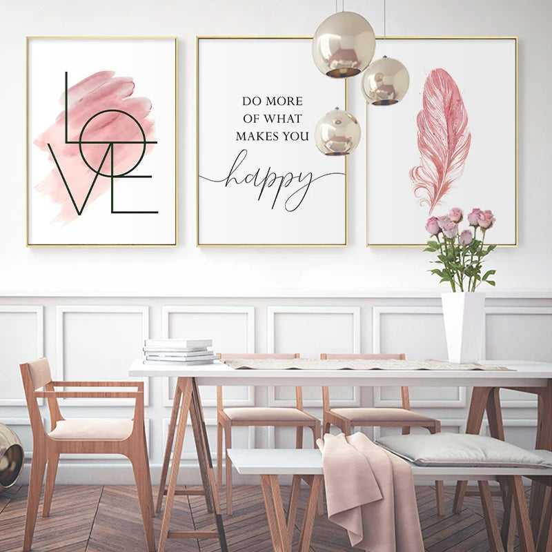Quadro Decorativo Pena Rosa com Frase Inspiradora — Arte para Quarto Feminino