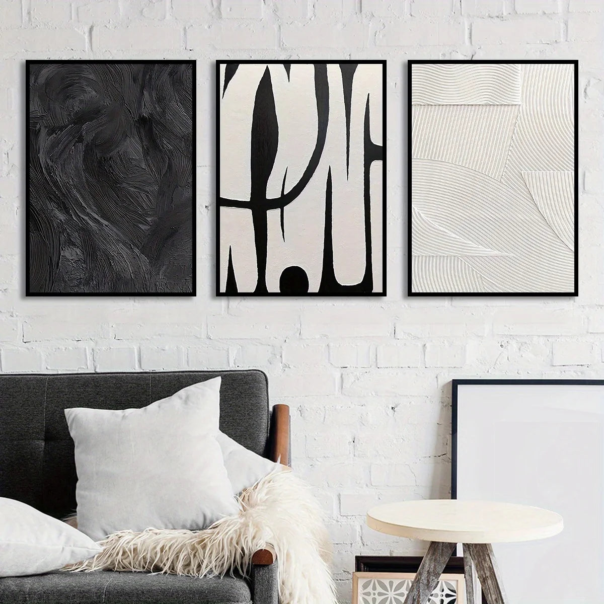 Kit 3 Quadros Abstratos Preto e Branco — Arte em Textura para Decoração