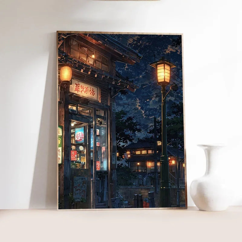 Quadro Decorativo Rua Japonesa Estilo Mangá — Arte Noturna para Sala e Café
