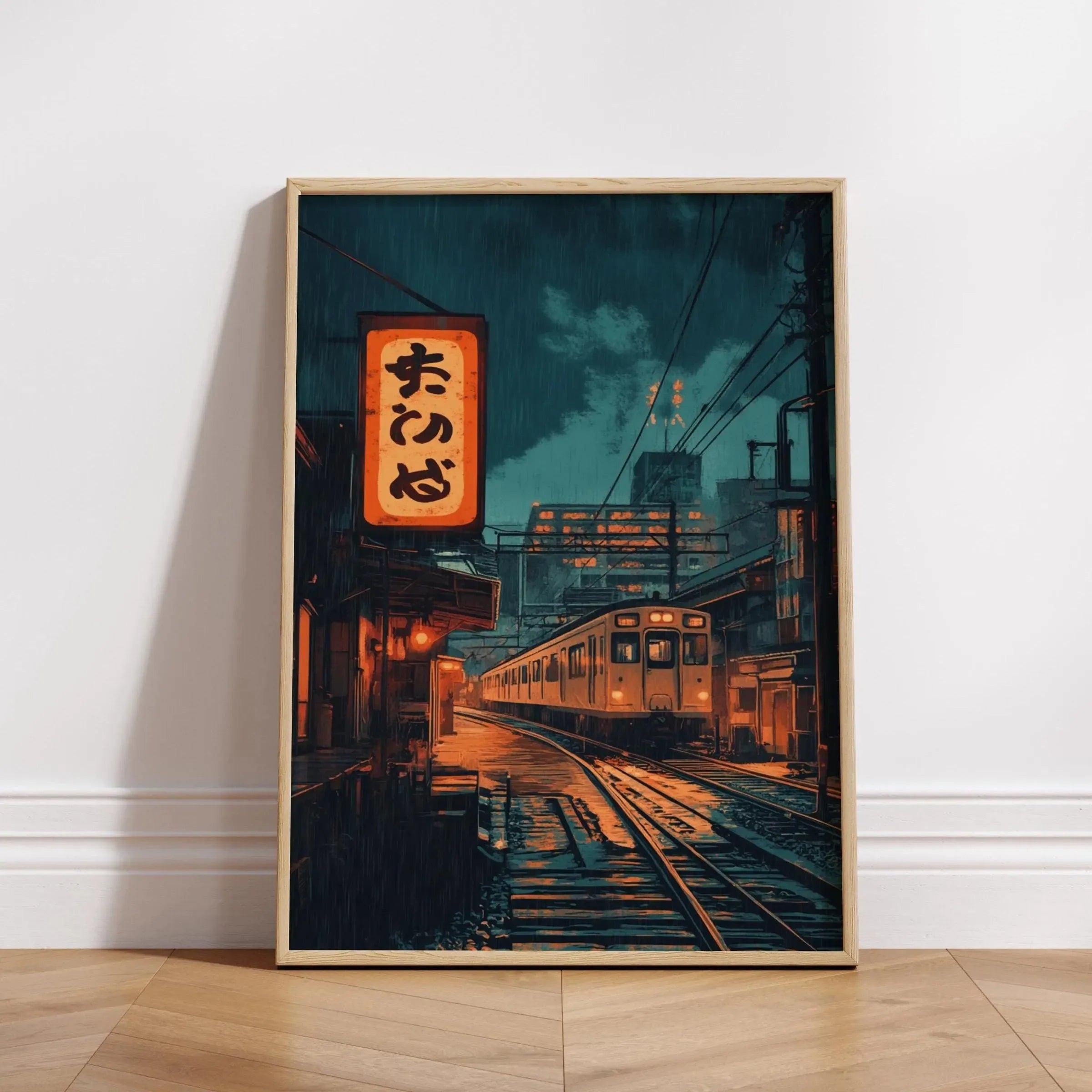 Quadro Decorativo Rua Japonesa Noite Chuvosa — Arte de Paisagem Retrô para Sala e Quarto
