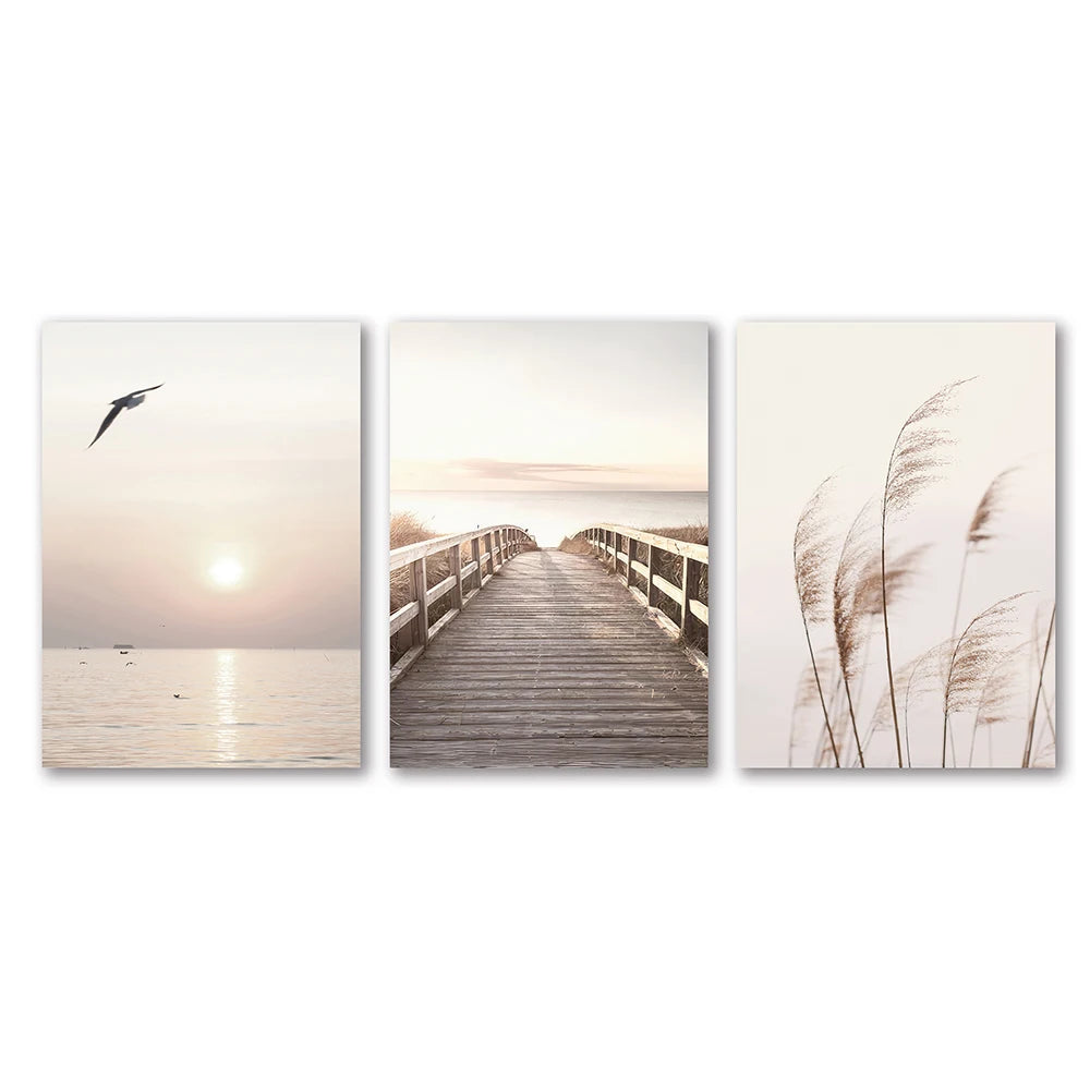 Kit 3 Quadros Paisagem Praia Branca — Arte Nórdica para Sala e Quarto