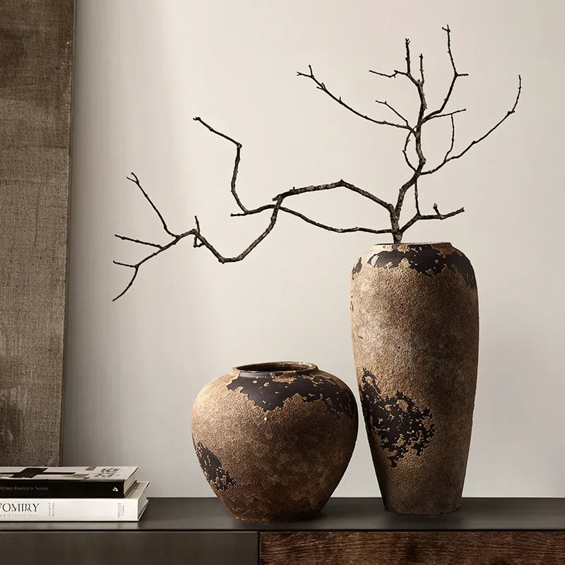 Vaso Wabi Sabi Cerâmica Retrô — Arranjo de Flores Secas para Sala, TV e Hall