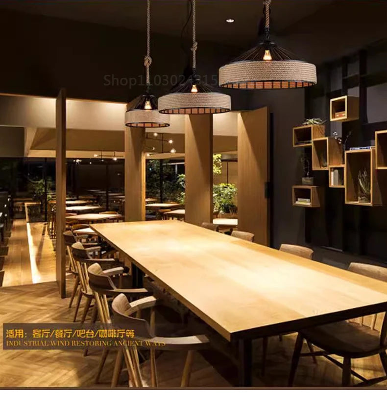 Lustre Pendente de Corda de Sisal — Luminária Industrial Retrô para Sala de Jantar