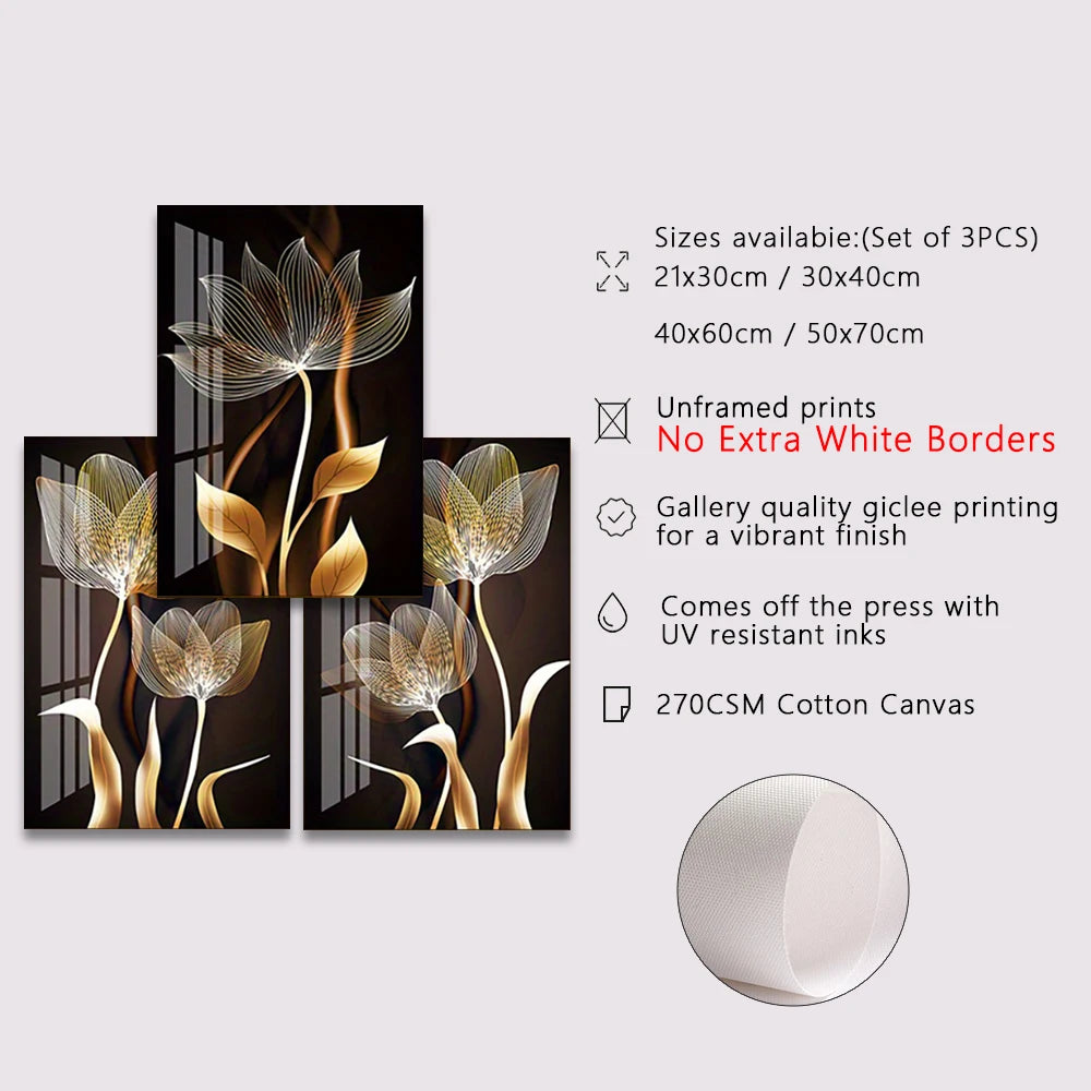 Kit 3 Quadros Flores Preto e Dourado — Arte Abstrata Moderna para Sala