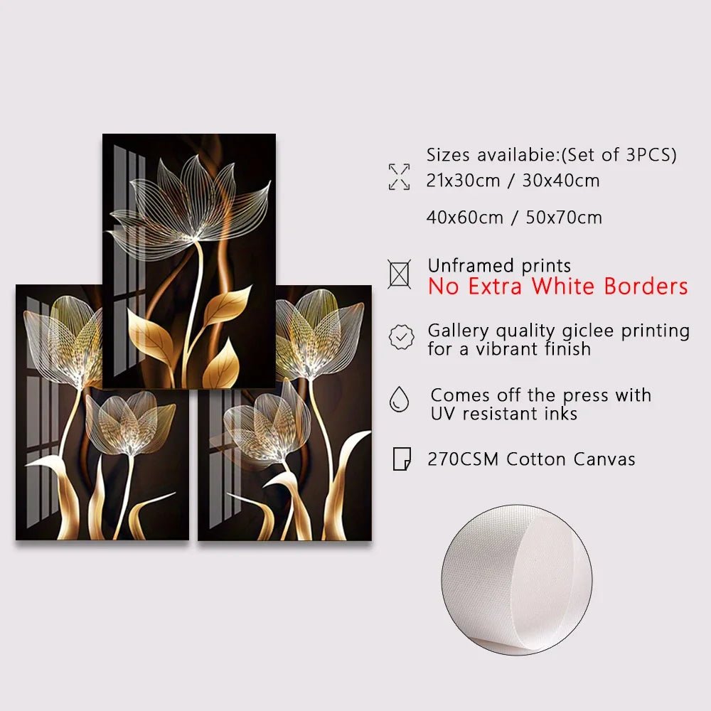 Kit 3 Quadros Flores Preto e Dourado — Arte Abstrata Moderna para Sala