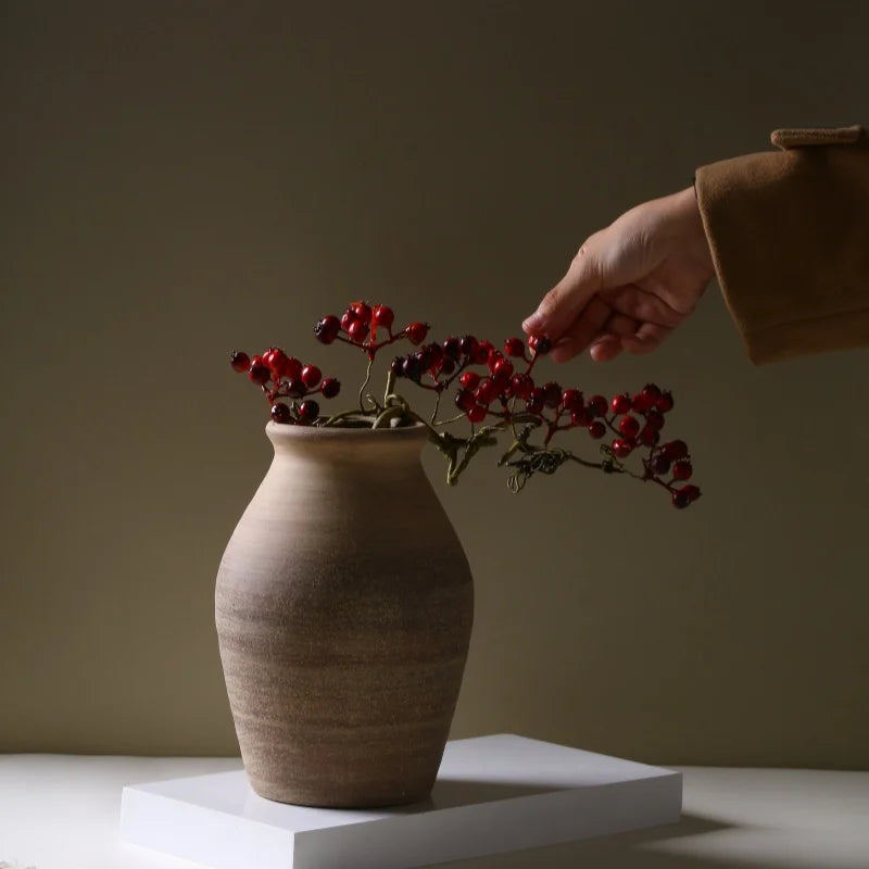 Vaso Cerâmica Rústico Artesanal Retrô 20cm — Flores Secas Estilo Vintage para Casa