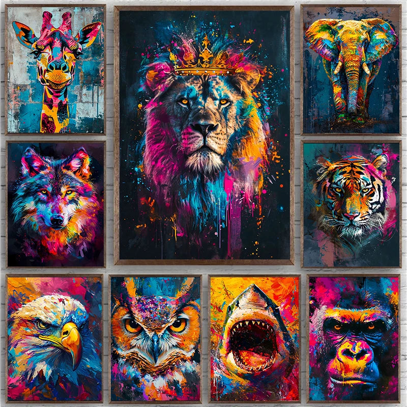 Quadro Decorativo Animais Abstrato Grafite — Leão, Tigre e Lobo para Sala