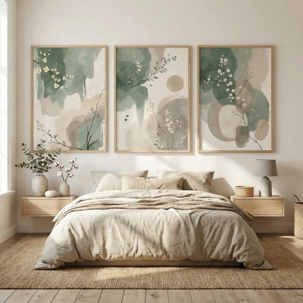Kit 3 Quadros Japanese Plants — Arte Aquarela Verde Sage e Bege Estilo Zen Sem Moldura