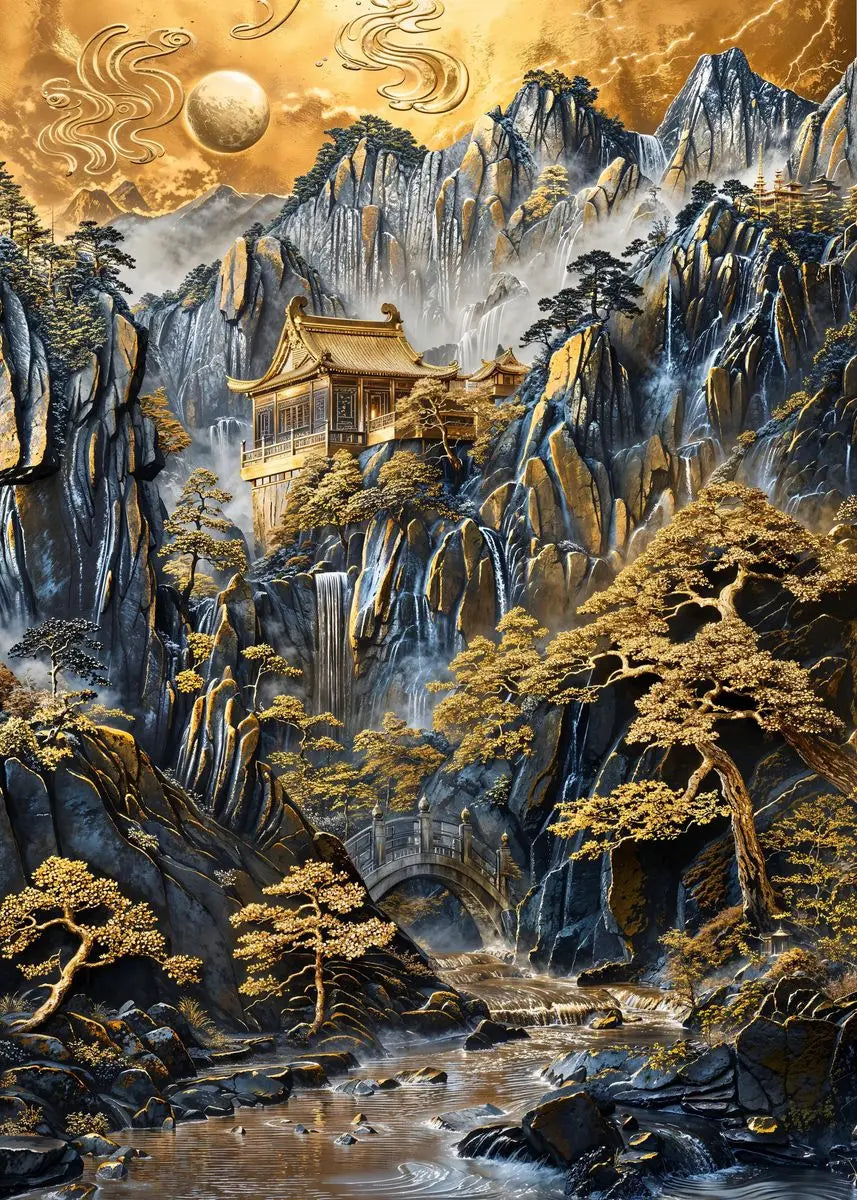 Quadro Decorativo Árvore Dourada e Lua — Arte Abstrata Zen
