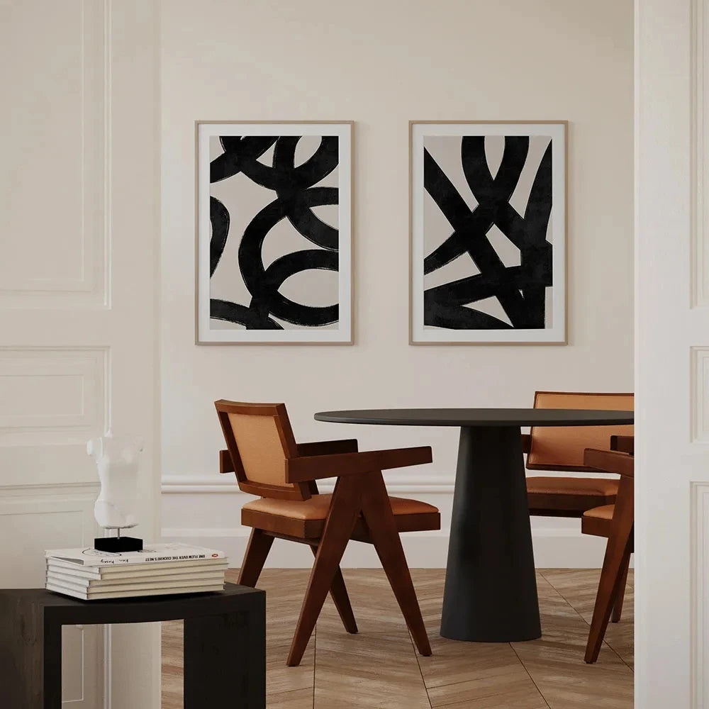 Quadro Decorativo Abstrato Linhas Bege e Preto — Arte Minimalista para Sala