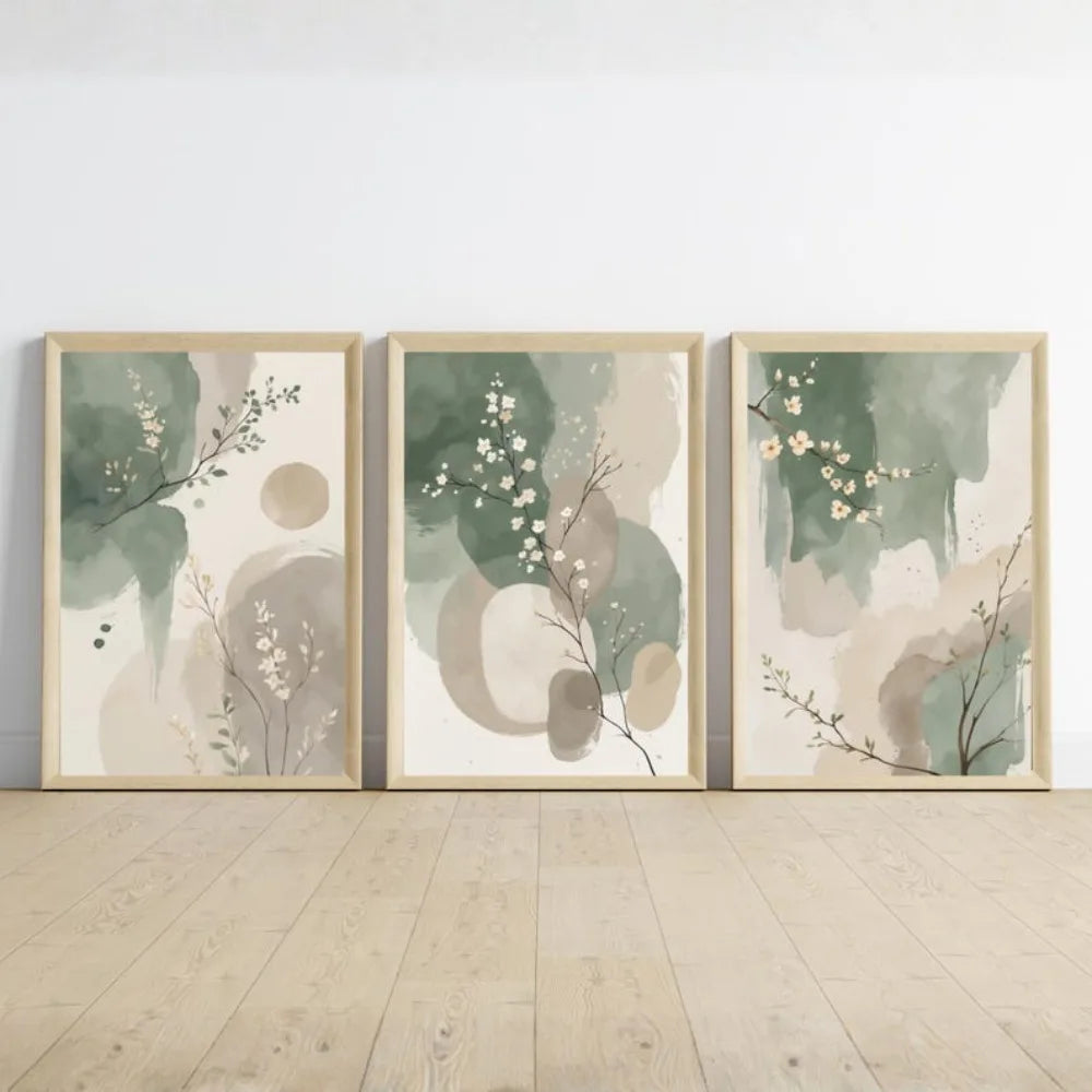 Kit 3 Quadros Japanese Plants — Arte Aquarela Verde Sage e Bege Estilo Zen Sem Moldura